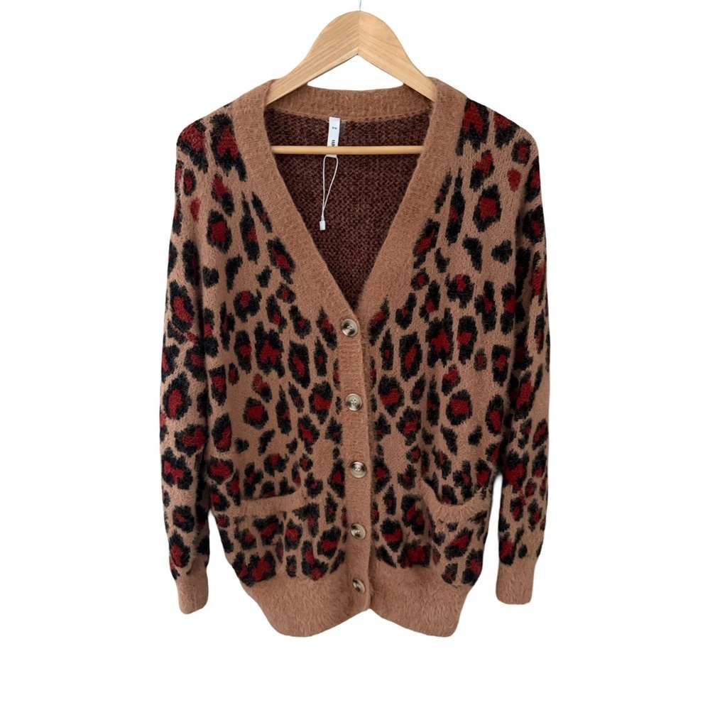 Glam Leopard Print Button Down Cardigan in Brown and Black Size S/M